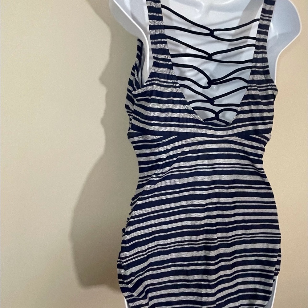 Merona sz lg navy stripe swimsuit stretchy cord - Picture 4 of 8